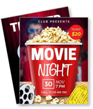 movie night poster with popcorn and ticket details for club event template