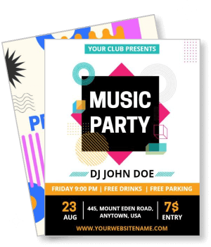 music party poster template with dj event time and location details