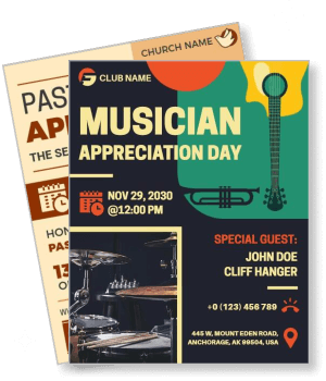 musician appreciation day event flyer with guitar and drums illustration template