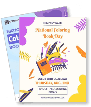 national coloring book day promotion flyer with date and discount details template