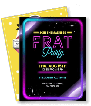 neon frat party invitation card with details and colorful design template