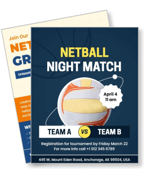 netball night match poster team a vs team b april 4 registration details template