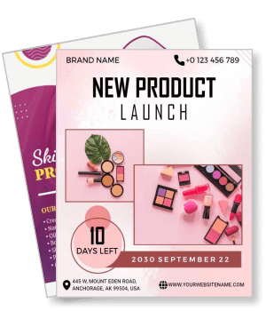 new makeup product launch advertisement flyer with brand details and contact template