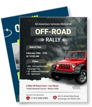 off road rally event flyer with red jeep and details template