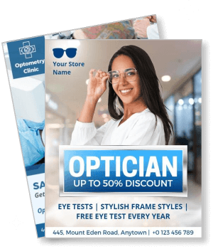 optician advertisement discount eye tests stylish frames free checkup template