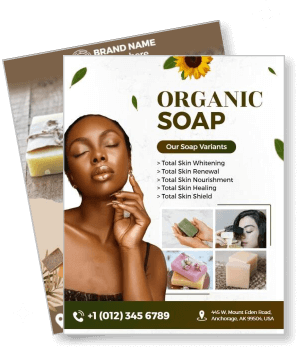 organic soap advertisement brochure with skincare benefits and contact details template