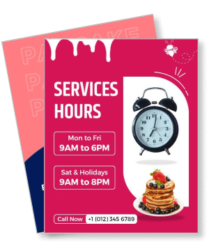 pancake services hours brochure with alarm clock and contact details template