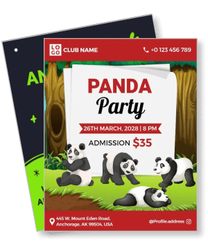 panda themed party invitation flyer with event details and cute panda illustrations template