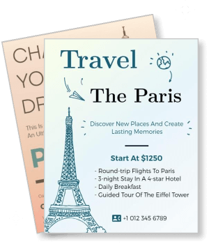 paris travel package poster with eiffel tower illustration and tour details template