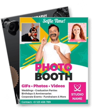 photo booth service poster with selfie theme and contact details template