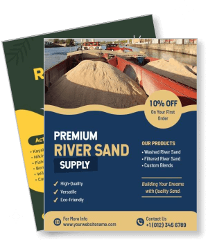 premium river sand supply brochure with pile photo and contact details template