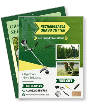 rechargeable grass cutter lawn care advertisement with free gift and contact details template