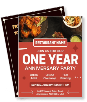 restaurant one year anniversary party invitation card with food giveaways template