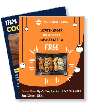 restaurant winter offer flyer with fried chicken dumplings order now promotion template