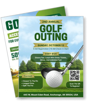 second annual golf outing event poster with registration details qr code template