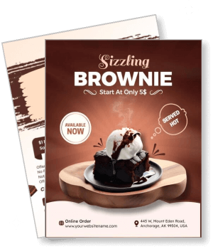 sizzling chocolate brownie dessert promotion flyer with price and location template