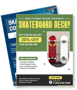 skateboard deck promo flyer with offer details and contact info template