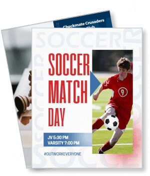 soccer match day poster with player kicking ball in red jersey event details template