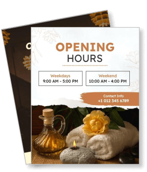 spa opening hours poster with contact information and relaxing items template