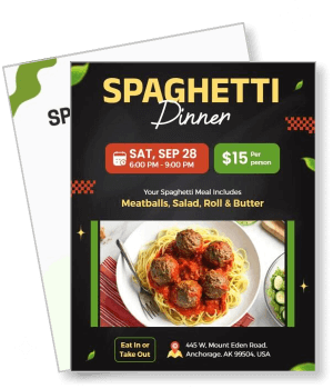 spaghetti dinner flyer with date price location and food inclusion details template