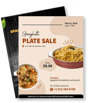 spaghetti plate sale event invitation flyer with price and location details template