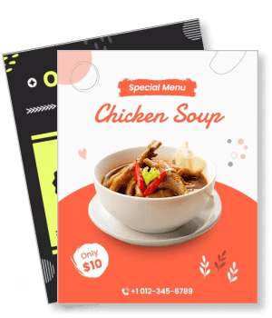 special menu chicken soup promotion flyer with price and contact details template