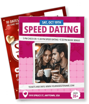 speed dating event poster for age 35 plus with coffee couple and event details template