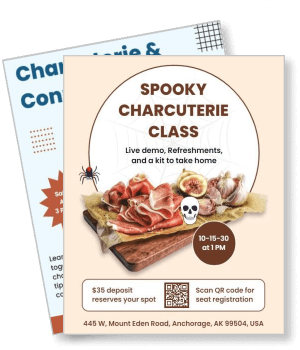 spooky charcuterie class flyer with live demo refreshments and kit description template