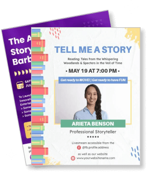 storytelling event poster with arieta benson for livestream on may 19 template