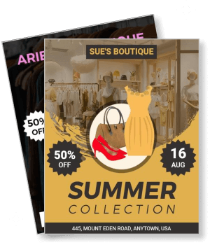 sues boutique summer collection sale poster with yellow dress and accessories template