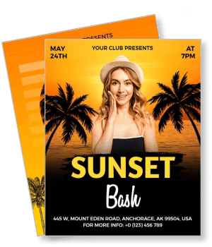 sunset bash event flyer with woman and palm trees design template