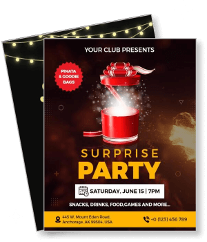 surprise party invitation flyer with gift design and event details template