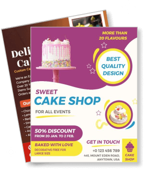 sweet cake shop promotional flyer with cake design and discount offer template