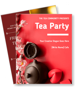 tea party invitation red theme with teapot and tea cup design template