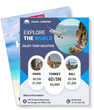 travel company vacation package flyer paris turkey bali explore world template