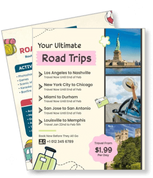 ultimate road trips flyer with travel destinations and pricing template