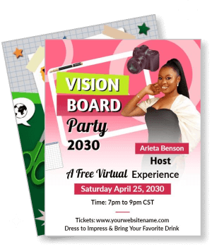 virtual vision board party 2030 invitation design with host details template