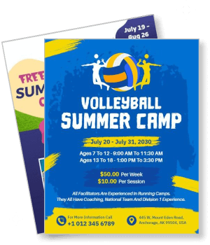 volleyball summer camp program flyer with contact details and schedule template