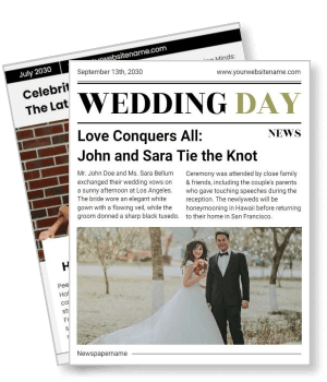 wedding day newspaper feature john sara tie knot ceremony celebration template