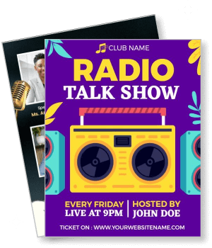 weekly radio talk show poster design with colorful boombox graphic template