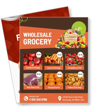 wholesale grocery price list flyer with fruits and vegetables illustrations template