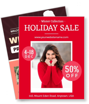 winter collection holiday sale poster with woman in red sweater discount offer template