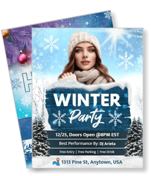 winter party creative flyer design with festive theme and event details template