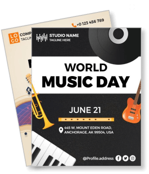 world music day event flyer with guitar and musical instruments template