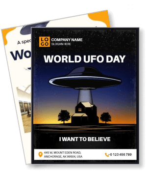 world ufo day event poster with spaceship and night sky theme template