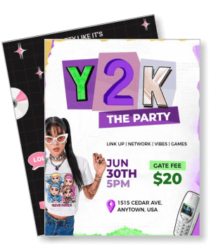 y2k themed party poster with retro style and cell phone mockup template