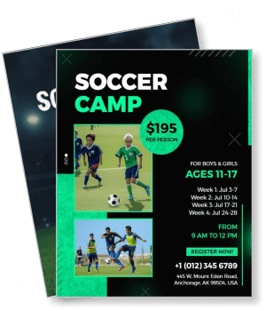 youth soccer camp promotion flyer with schedule and contact details template