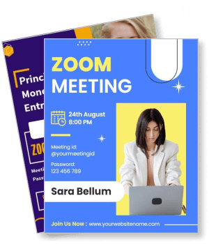 zoom meeting invitation template with professional woman and date details