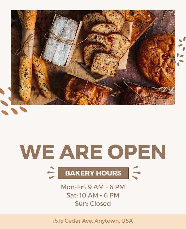 Artisan Bakery Open Hours Announcement Flyer Template