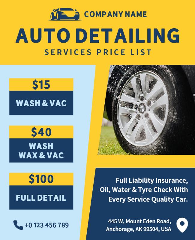 Auto Detailing Services Price List Flyer Template